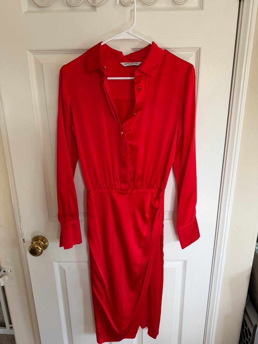 Amanda Uprichard Silk Red Midi Dress Size XS Button Down